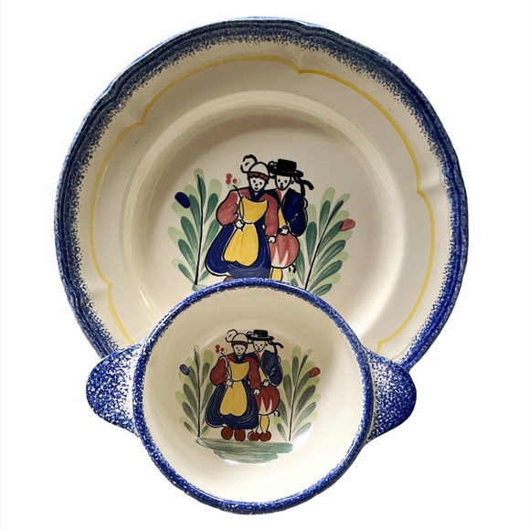 Set of 2 FAIENCERIE DE PORNIC France ~ BRETAGNE Hand Painted Bowl and Plate - Picture 2 of 8